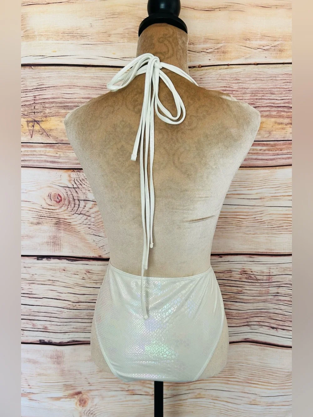 SHEIN White Snakeskin Print Iridescence Plunging One-Piece Swim Suit L NWT